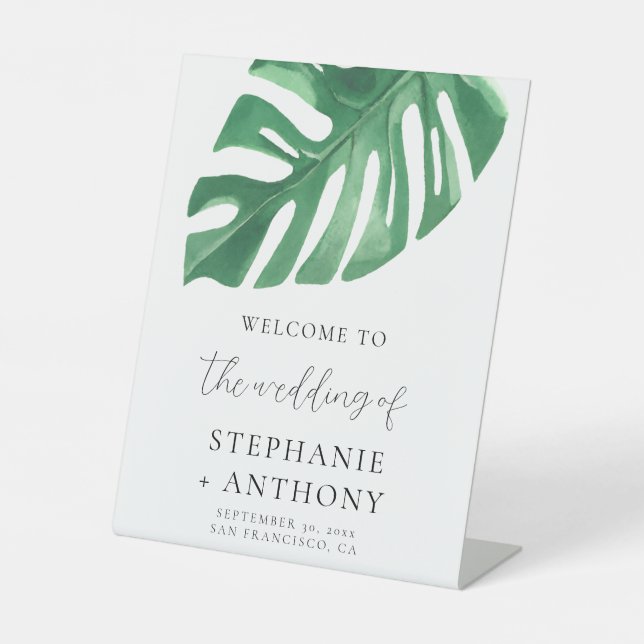 Greenery Tropical Monstera Blätter Summer Wedding Sockelschild (Vorderseite)