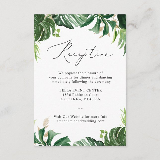 Greenery Tropical Palm Blätter Hochzeitsempfang Begleitkarte (Vorderseite)
