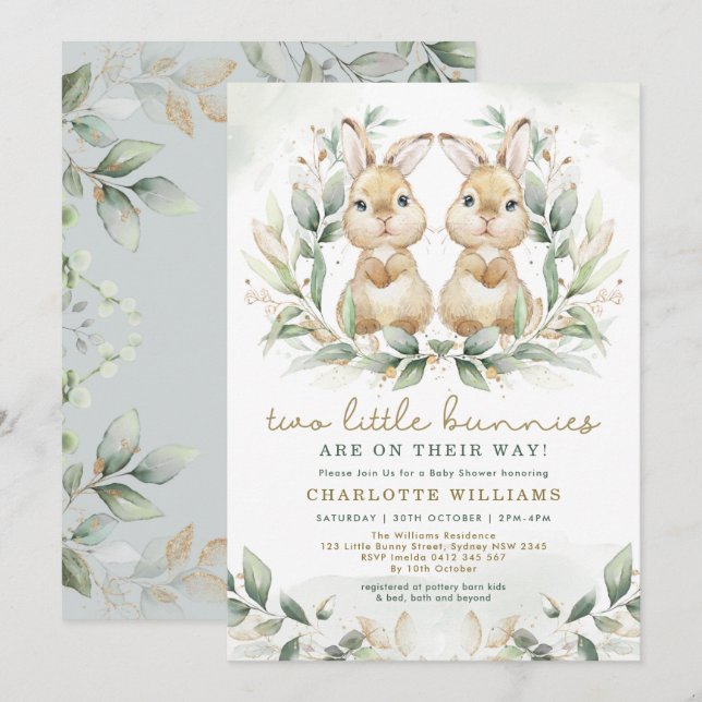 Greenery Twin Bunny Baby Dusche Osterkaninchen Einladung (Vorne/Hinten)
