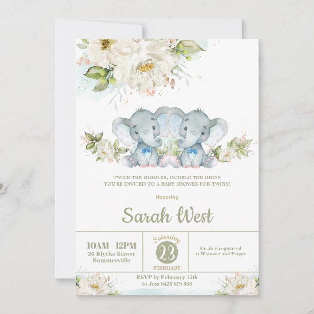 Greenery Twins Elephant Twin Boys Baby Shower Einladung (Vorderseite)
