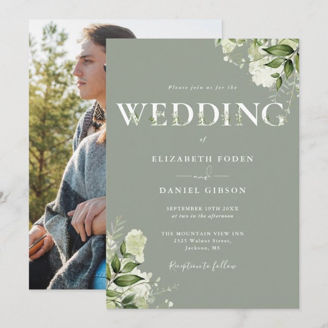 Greenery Typografy Foto Sage Green Wedding Einladung (Vorne/Hinten)