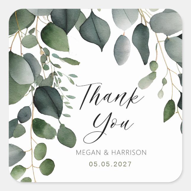 Greenery und Eucalyptus Wedding Vielen Dank Quadratischer Aufkleber (Vorderseite)