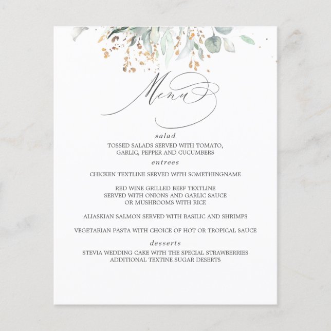 Greenery und Eukalyptus Blätter Wedding Menu Flyer (Vorne)