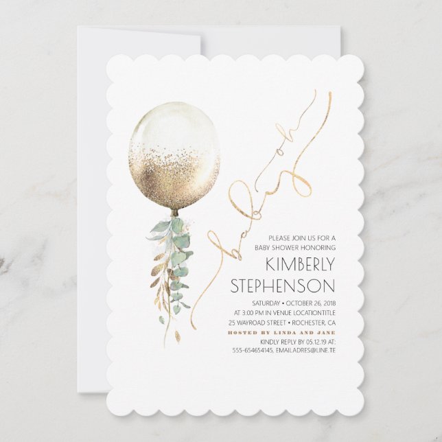 Greenery und Gold Glitzer Ballon Oh Baby Shower Einladung (Vorderseite)