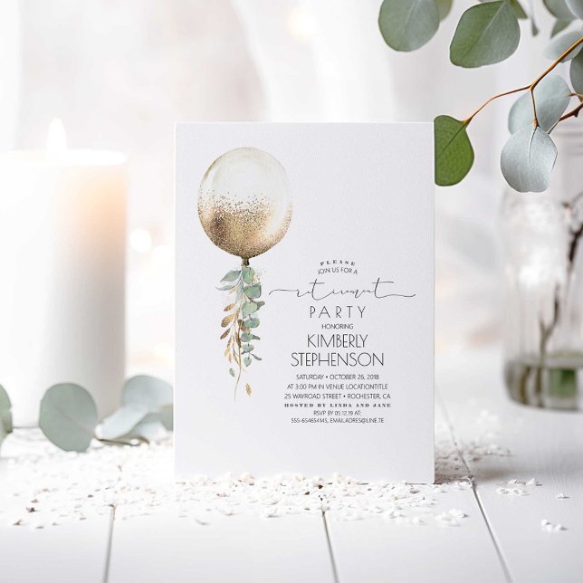 Greenery und Gold Glitzer Balloon Retirement Party Einladung (Gold Balloon and Greenery Minimalist Retirement Party Invitations)