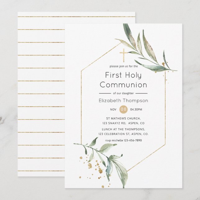 Greenery und Gold Glitzer Geometric Heilige Kommun Einladung (Vorne/Hinten)