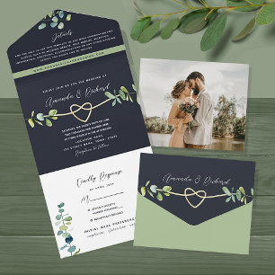 Greenery und Gold Navy Blue Wedding All In One Einladung