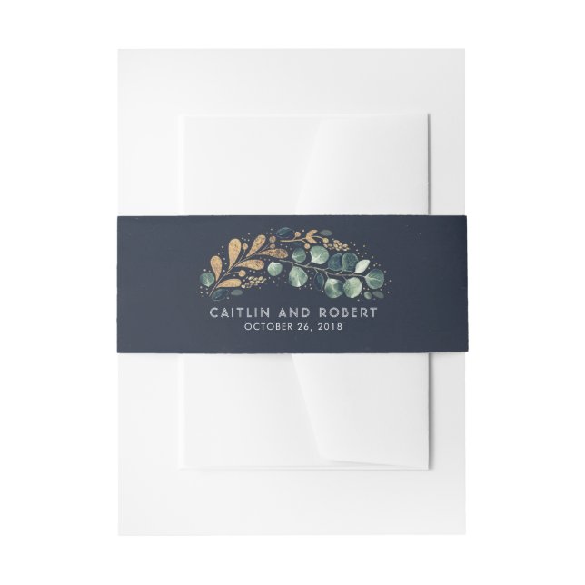 Greenery und Gold Navy Blue Wedding Einladungsbanderole (Vorderseite Beispiel)