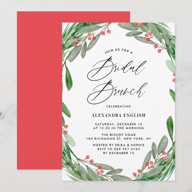Greenery und Holly Wreath Winter Bridal Brunch Einladung (Vorne/Hinten)