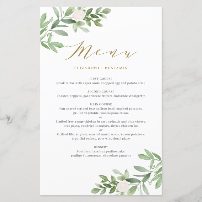 Greenery und White Floral Gold Wedding Menu Card (Vorderseite)