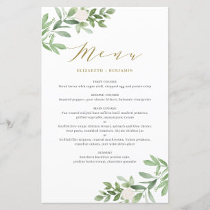 Greenery und White Floral Gold Wedding Menu Card
