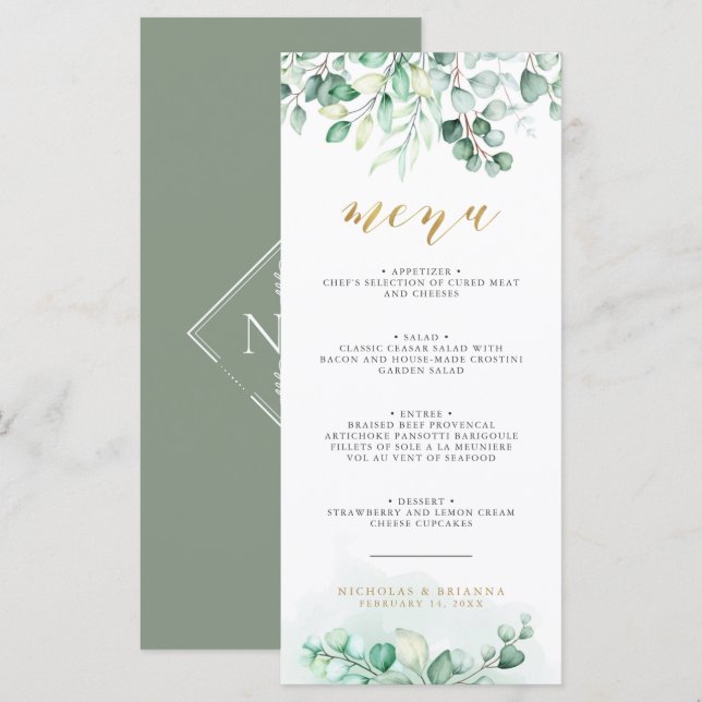 Greenery Watercolor Eucalyptus Gold Hochzeitsessen Menükarte (Vorne/Hinten)