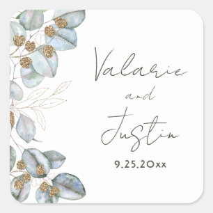 Greenery Watercolor Eucalyptus Wedding Square Stic Quadratischer Aufkleber