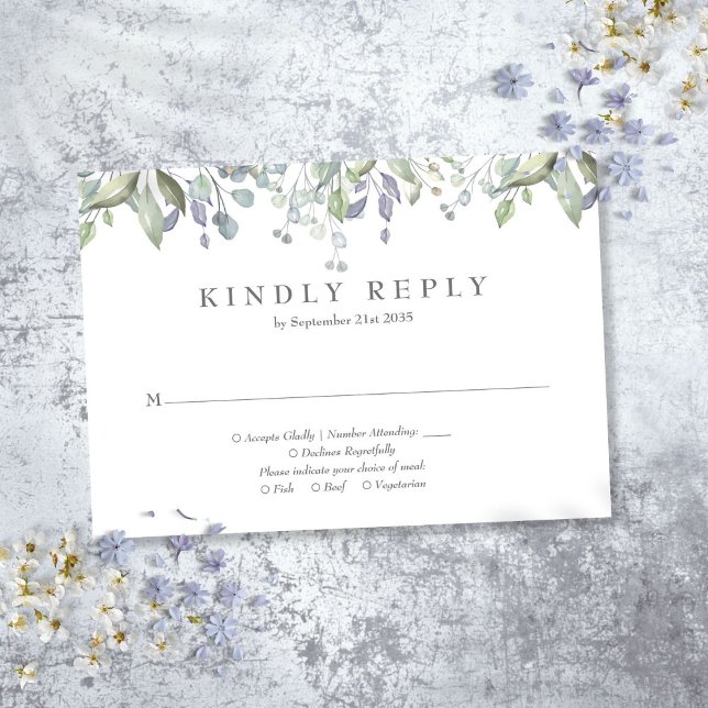 Greenery Watercolor Floral Sage Lilac Wedding RSVP Karte (Greenery Watercolor Floral Sage Lilac Wedding RSVP Card)