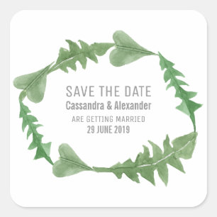 Greenery Watercolor Foliage Save the Date Quadratischer Aufkleber