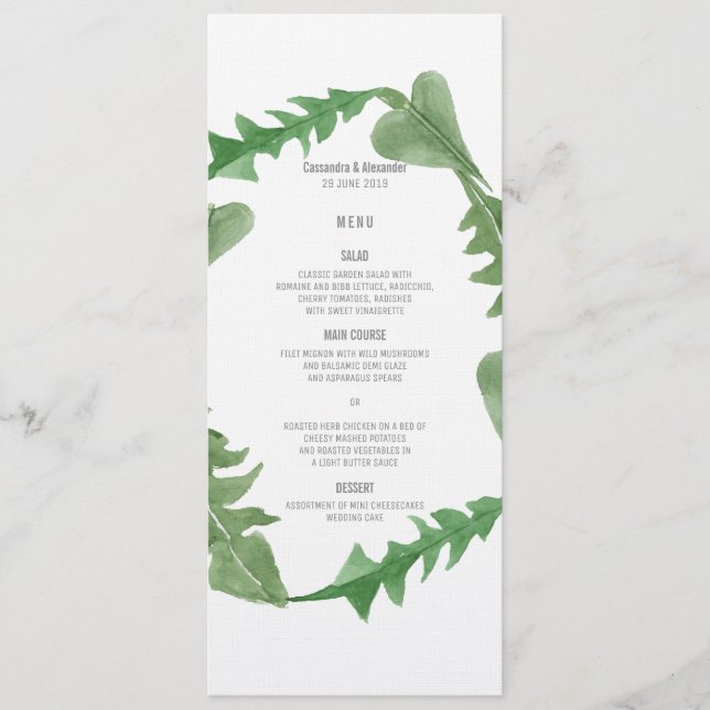 Greenery Watercolor Foliage Wedding Menu Menükarte (Vorderseite)