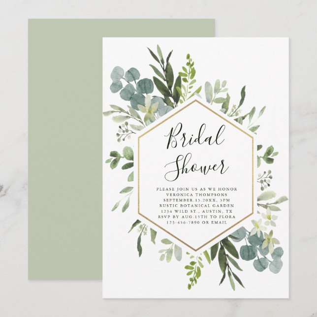 Greenery Watercolor Gold Hexagon Brautparty Einladung (Vorne/Hinten)