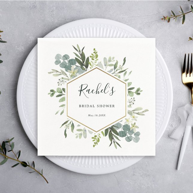 Greenery Watercolor Gold Hexagon Brautparty Serviette (Von Creator hochgeladen)
