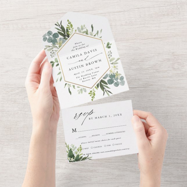 Greenery Watercolor Gold Hexagon Wedding All In One Einladung (Abreißen)