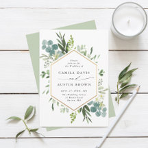 Greenery Watercolor Gold Hexagon Wedding
