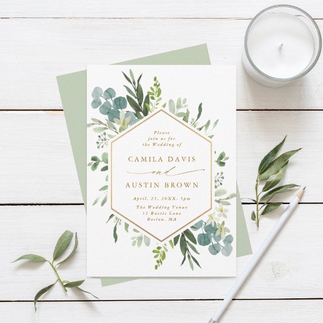 Greenery Watercolor Gold Hexagon Wedding Einladung (Von Creator hochgeladen)
