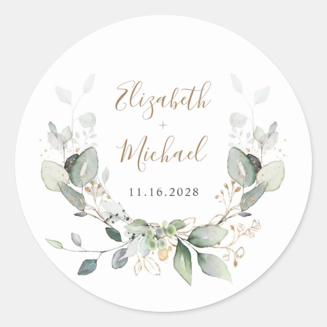 Greenery Watercolor Wedding Runder Aufkleber (Vorderseite)