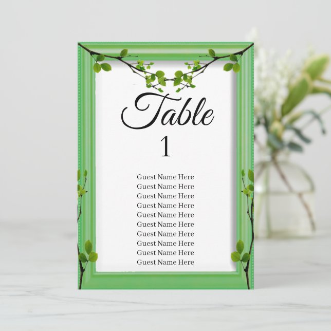 Greenery Wedding Seating Chart Card Karte (Stehend Vorderseite)