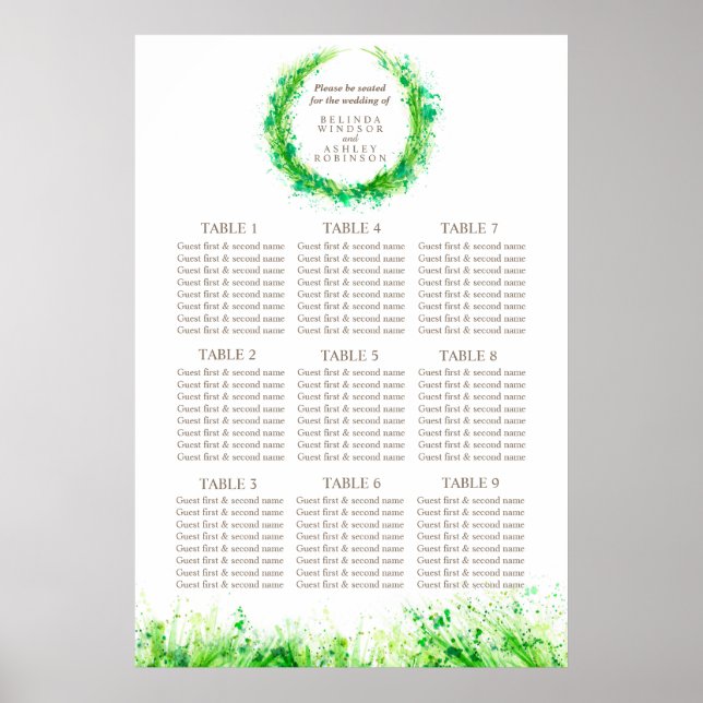 Greenery Wedding Table Planner 1-9 Tische Poster (Vorne)