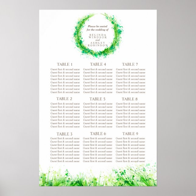 Greenery Wedding Table Planner 1-9 Tische Poster (Vorne)