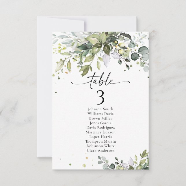 Greenery Wedding Table Seating Chart Cards (Vorderseite)