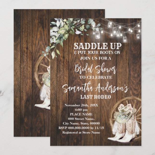Greenery Western Cowgirl Saddle Up Brautparty Einladung (Vorne/Hinten)