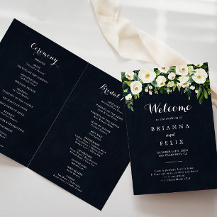 Greenery White Floral Royal Blue Folded Wedding Programm
