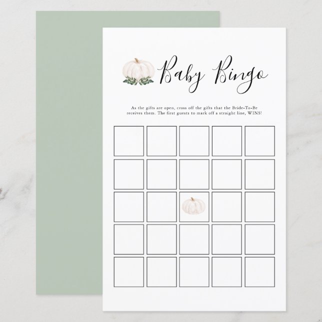 Greenery White Pumpkin Baby Shower Bingo Game (Vorne/Hinten)