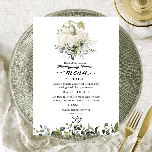 Greenery White Pumpkin Erntedank Dinner Menu Dankeskarte (Von Creator hochgeladen)
