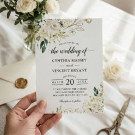 Greenery White Rose Blumengold Blätter Hochzeit Einladung