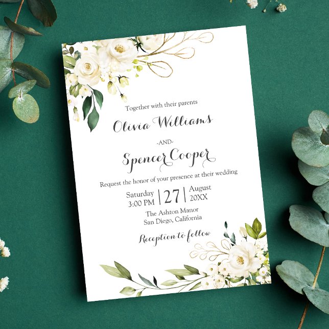 Greenery White Rose Floral Gold Leaves Wedding Einladung (Floral Wedding Invitation)