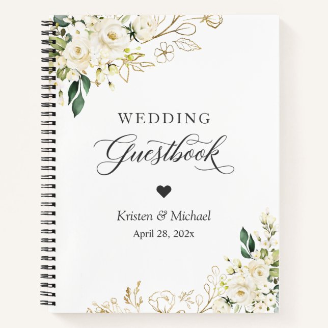 Greenery White Rose Gold Floral Wedding Gästebuch Notizbuch (Vorderseite)