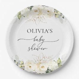Greenery White Roses Babydusche Papierplatte Pappteller