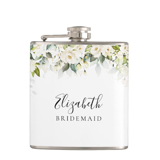Greenery White Roses Brautparty Flask Flachmann (Vorderseite)