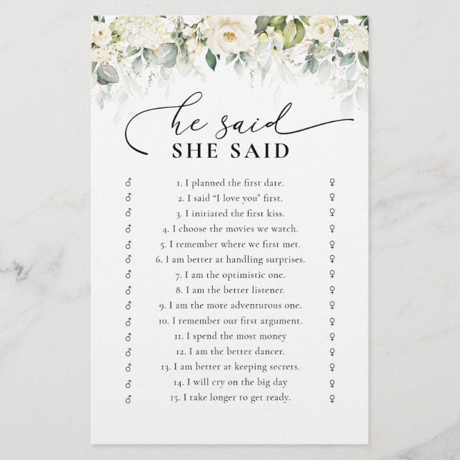 Greenery White Roses Brautparty Game (Vorderseite)