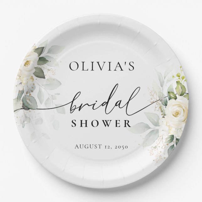 Greenery White Roses Brautparty Paper Plate Pappteller (Vorderseite)
