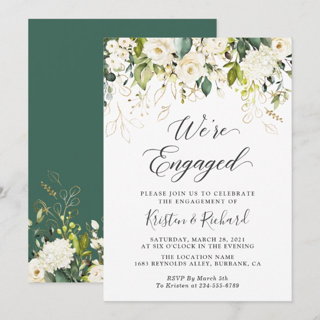 Greenery White Roses Gold Floral Engagement Party Einladung (Vorne/Hinten)