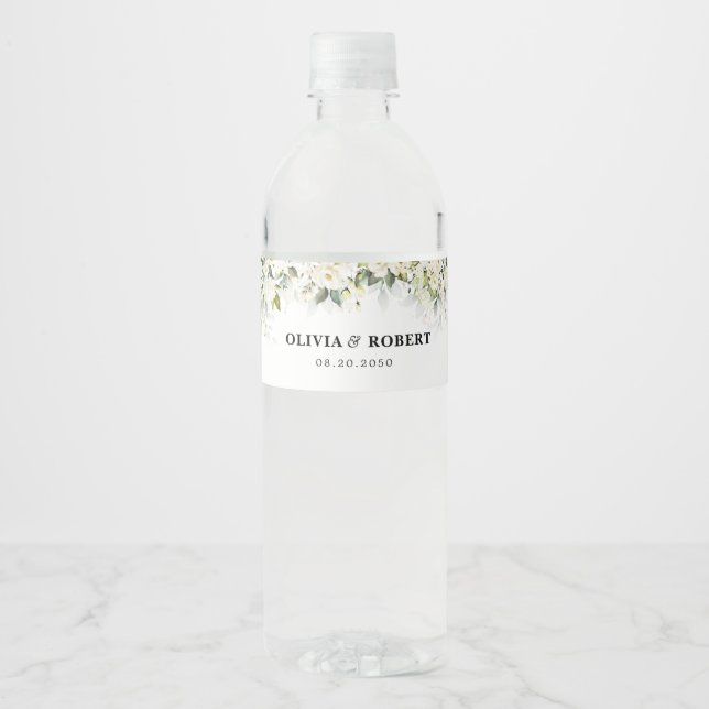 Greenery White Roses Hochzeitswasser Flasche Etike (Vorderseite)