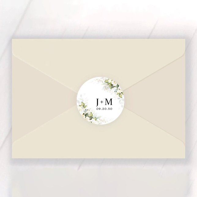 Greenery White Roses Wedding Classic Round Sticker (Von Creator hochgeladen)