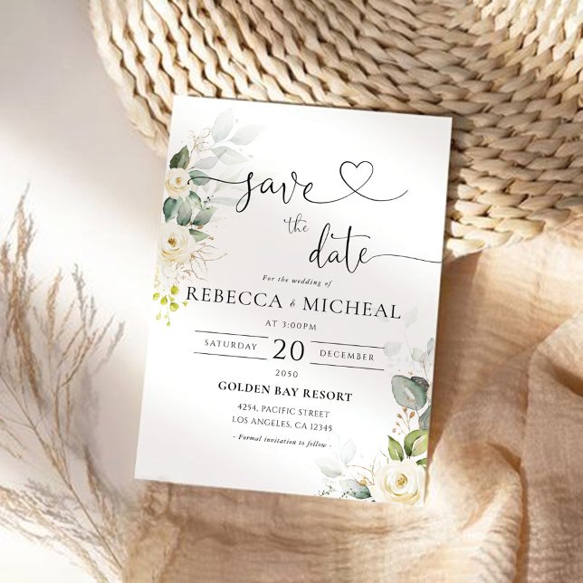 Greenery White Roses Wedding Speichern Sie die Dat Save The Date (Von Creator hochgeladen)