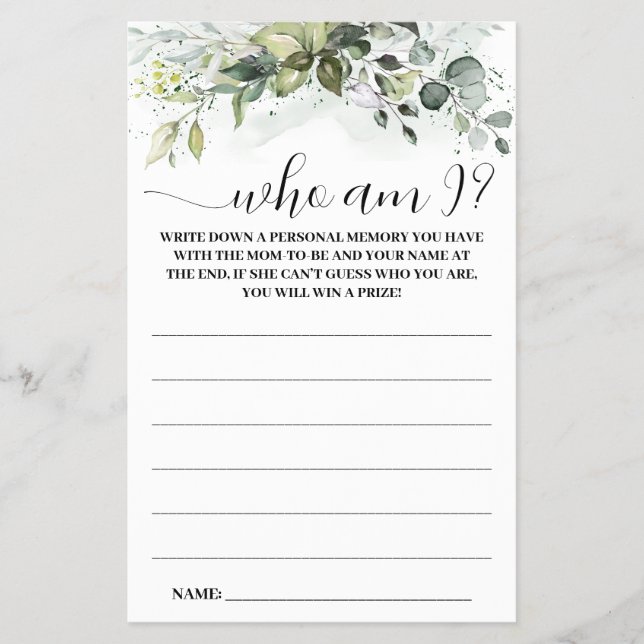 Greenery Who I Baby Shower Game Card Flyer (Vorne)