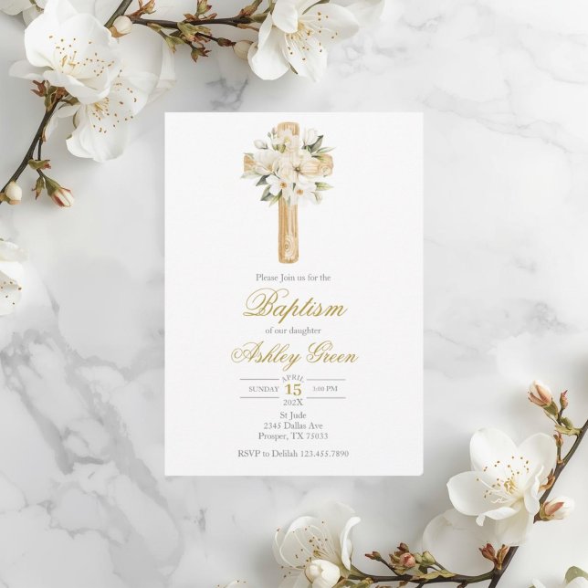 Greenery with cross Baptism Einladung (Von Creator hochgeladen)