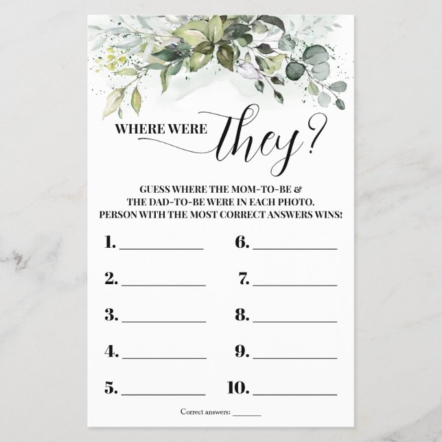 Greenery Wo waren sie Baby Shower Game Card Flyer (Vorne)