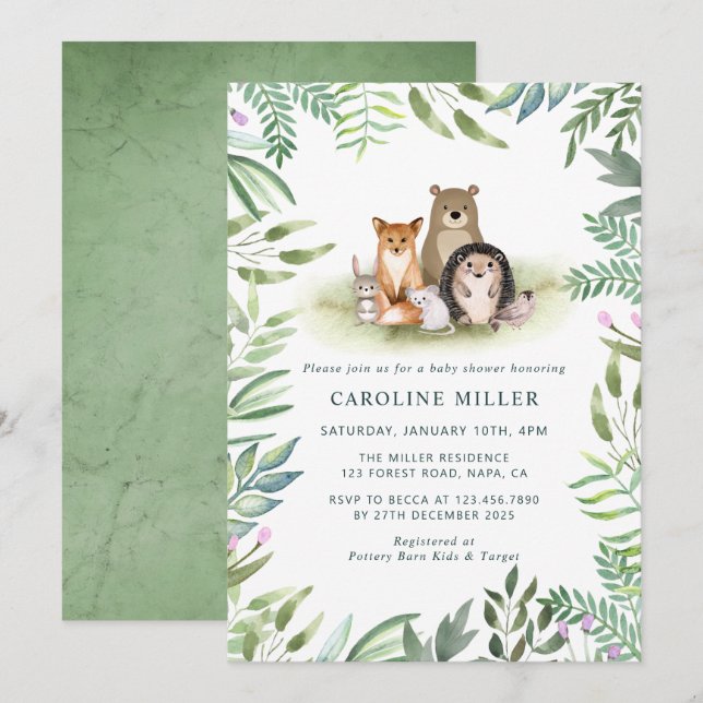 Greenery Woodland Animals Baby Shower Einladung (Vorne/Hinten)
