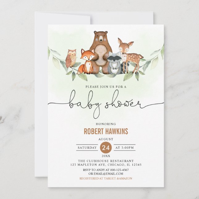 Greenery Woodland Animals Baby Shower Einladung (Vorderseite)